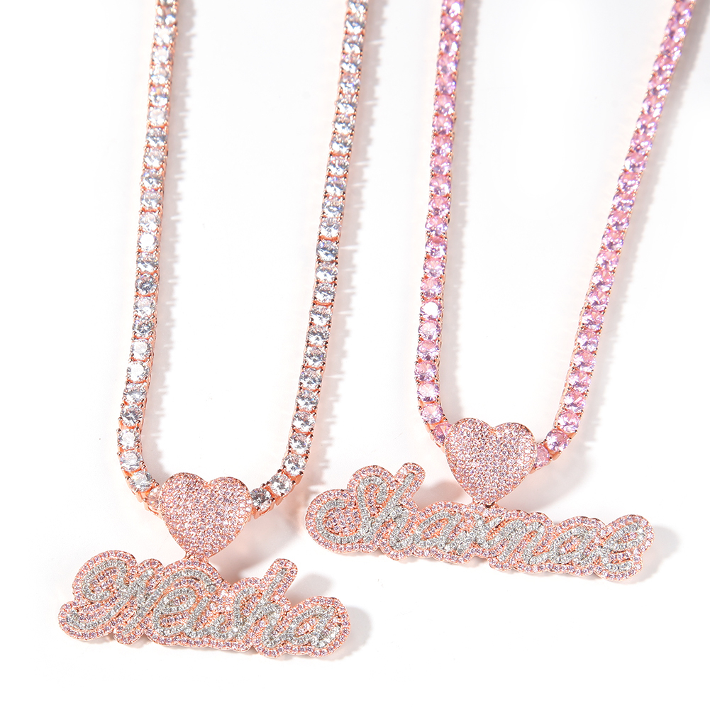 Lettre cursive personnalisée Uwin avec fermoir en forme de cœur, collier avec nom personnalisé, chaîne de tennis, zircone cubique, bijoux tendance, hiphop